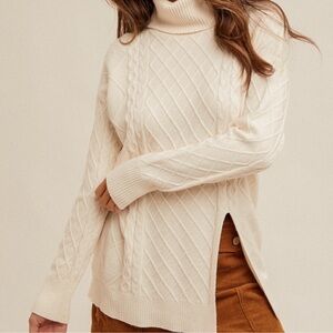 Cream Cable Knit Turtleneck Sweater